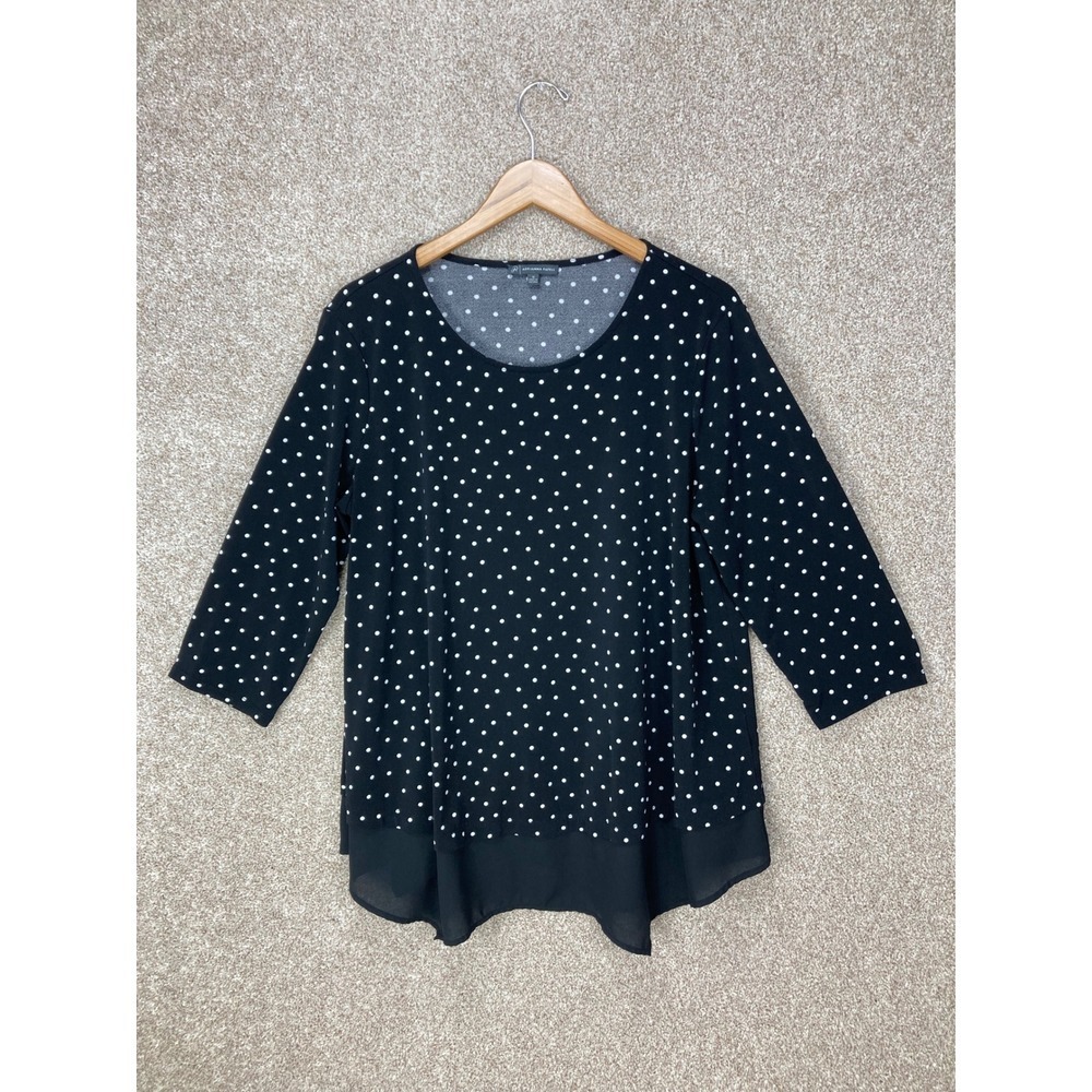 Adrianna Papell Polka Dot Sheer Hem Blouse Women 1X Black 3/4 Sleeve Office Chic